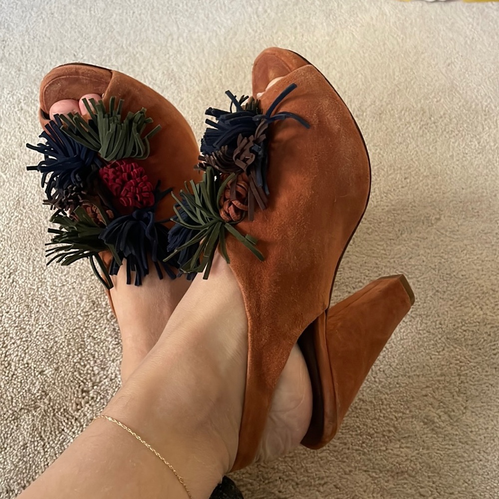 Suede fringe pompom chunky heeled sling back mules